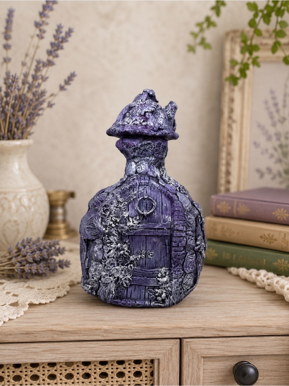 Handmade Purple Mushroom Fairy Cottage Decorative Bottle